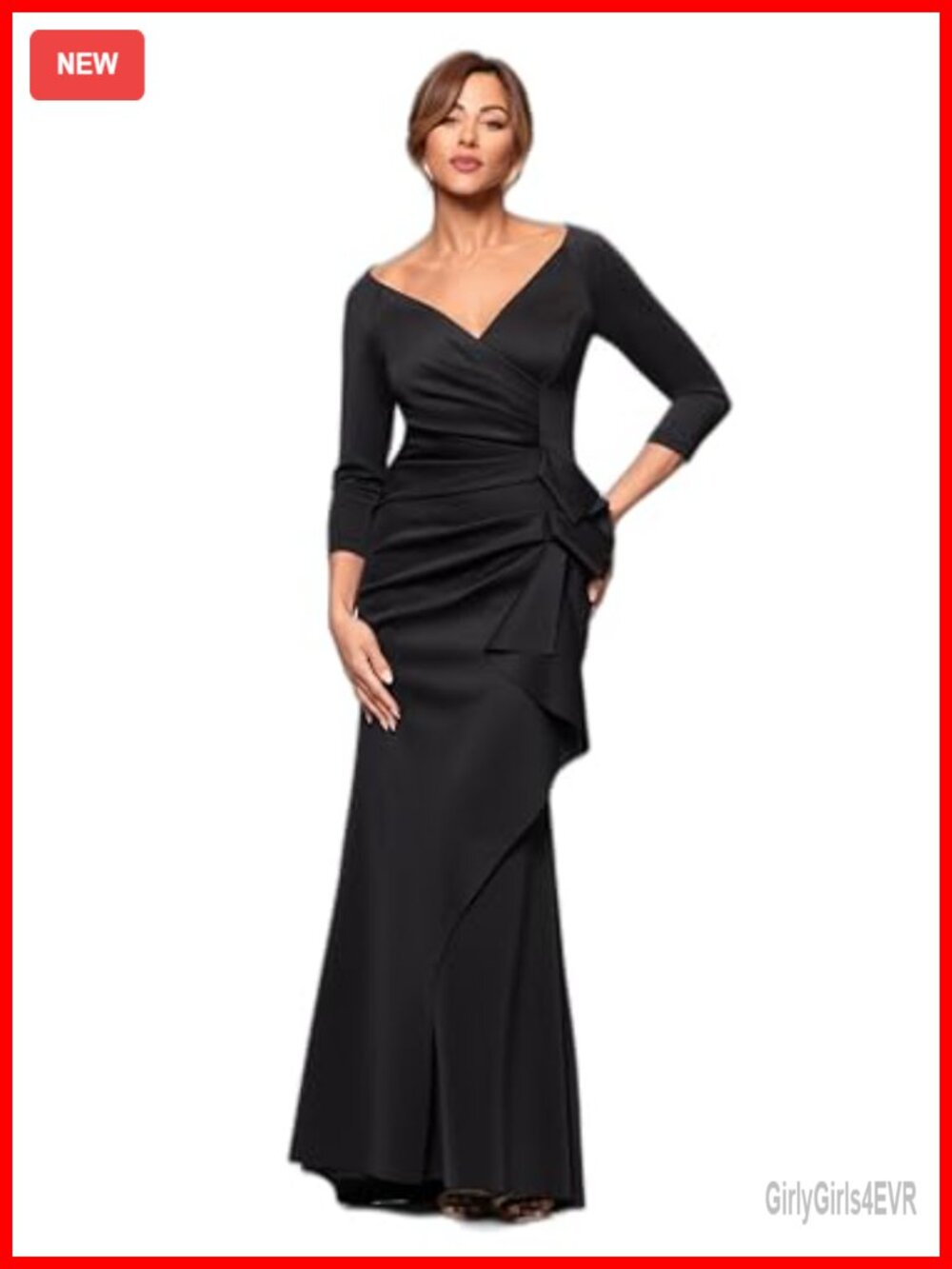 Floor Length V-Neck Bodycon Evening Gown 3/4 Sleeves Ruffle Detail